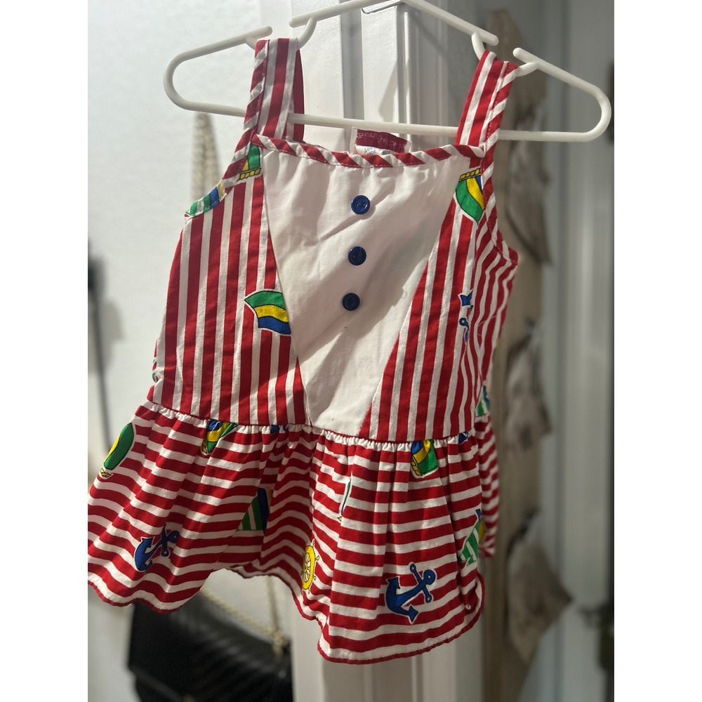 Vintage Bonnie Deb Girls Red White Striped Nautical Sailboat Peplum Top 3T